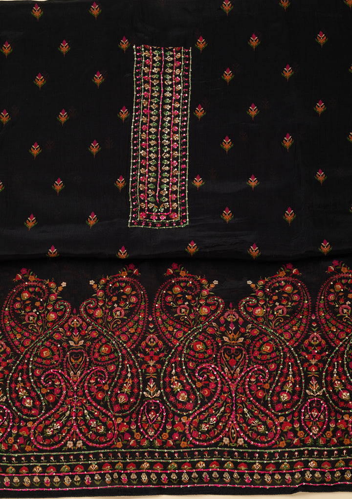 Black Threadwork Crepe Unstitched Salwar Suit
