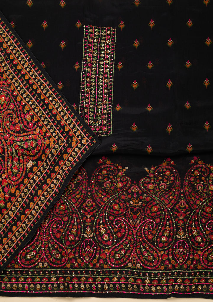Black Threadwork Crepe Unstitched Salwar Suit