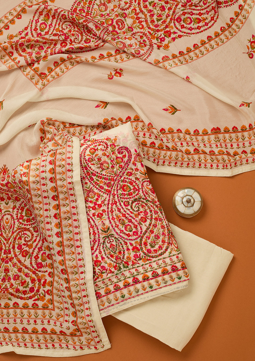 Cream Threadwork Crepe Unstitched Salwar Suit