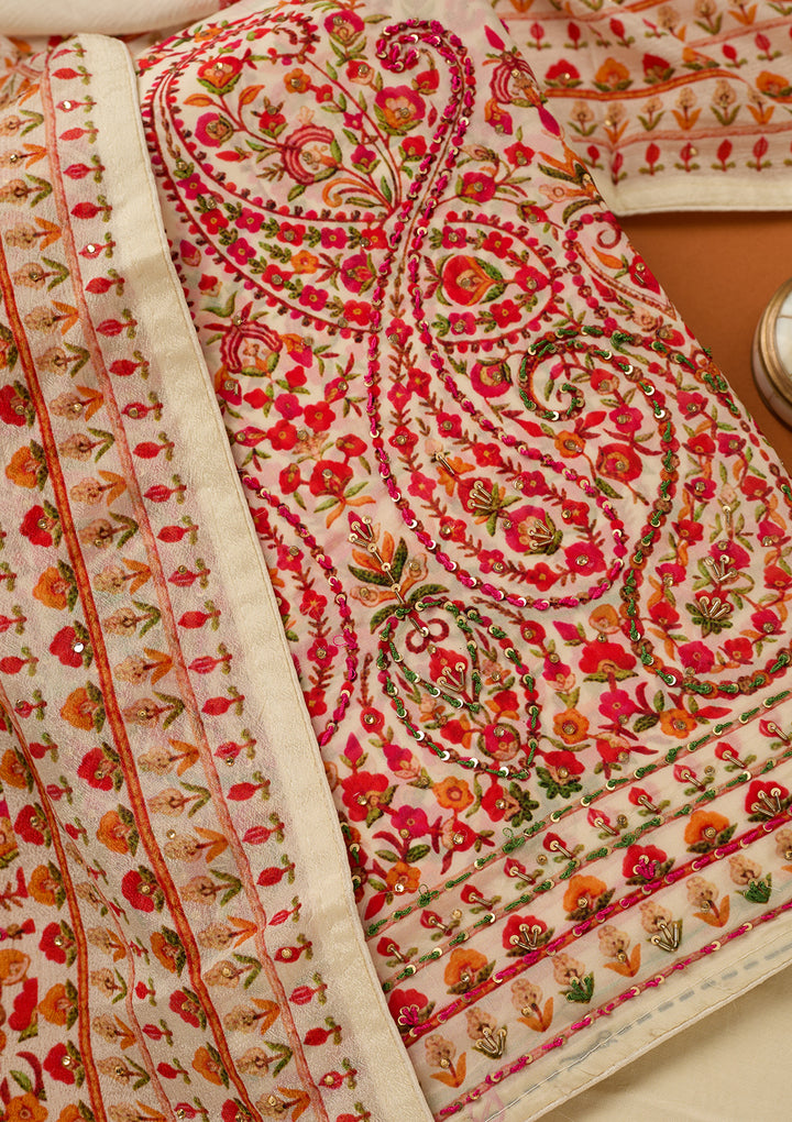 Cream Threadwork Crepe Unstitched Salwar Suit