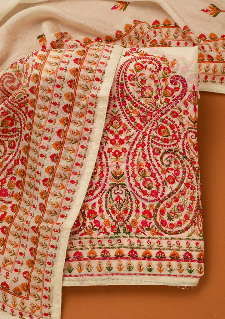 Cream Threadwork Crepe Unstitched Salwar Suit