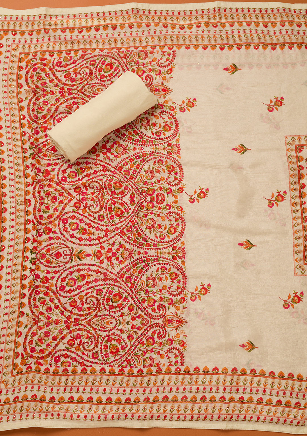 Cream Threadwork Crepe Unstitched Salwar Suit