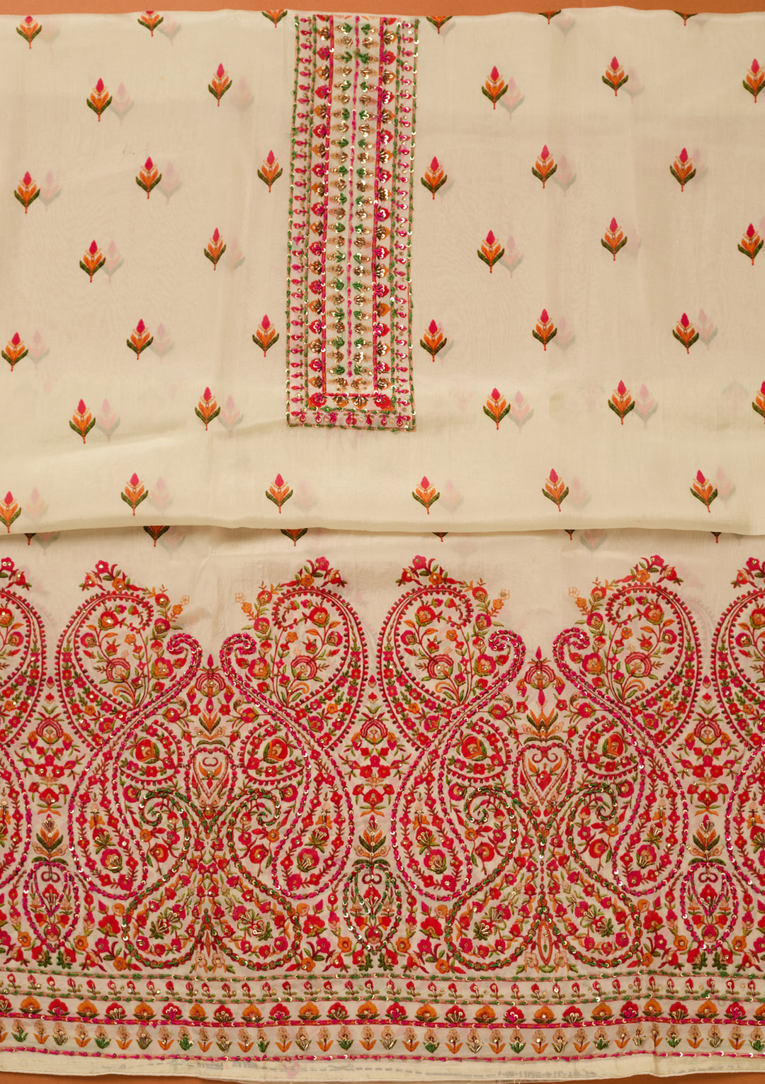 Cream Threadwork Crepe Unstitched Salwar Suit