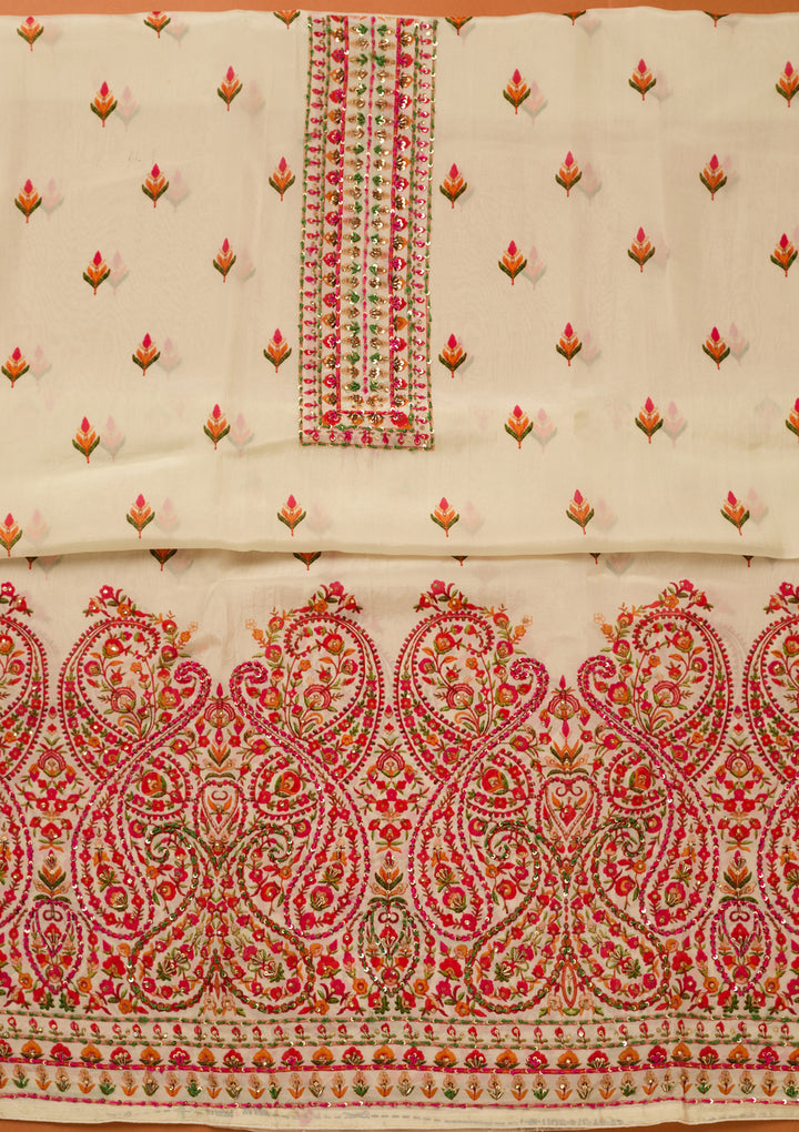 Cream Threadwork Crepe Unstitched Salwar Suit