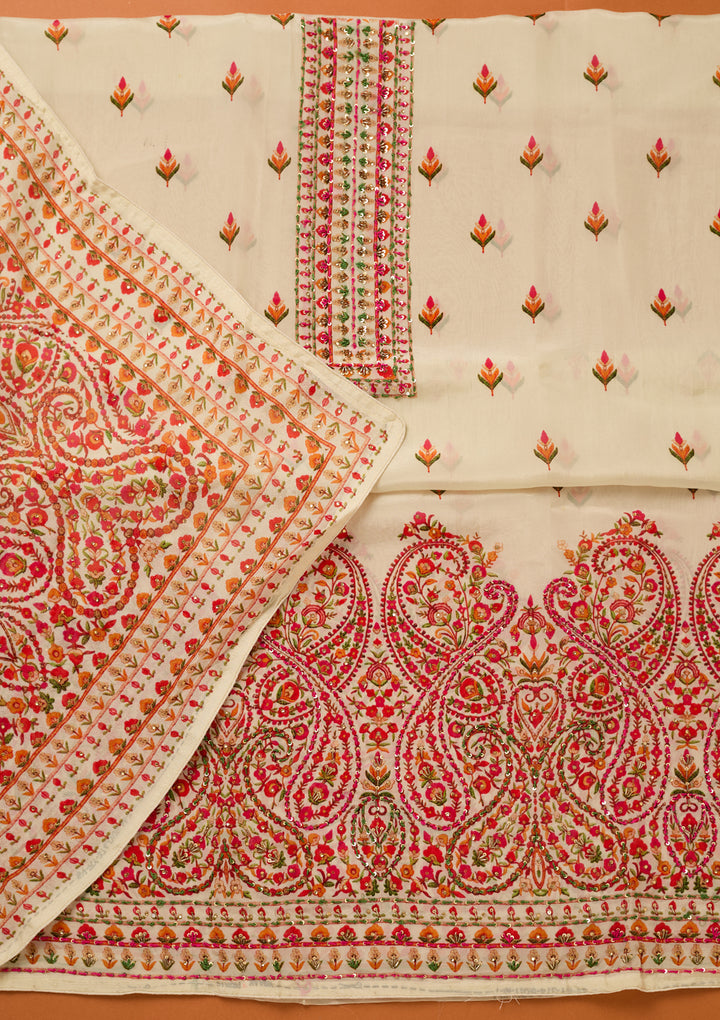 Cream Threadwork Crepe Unstitched Salwar Suit