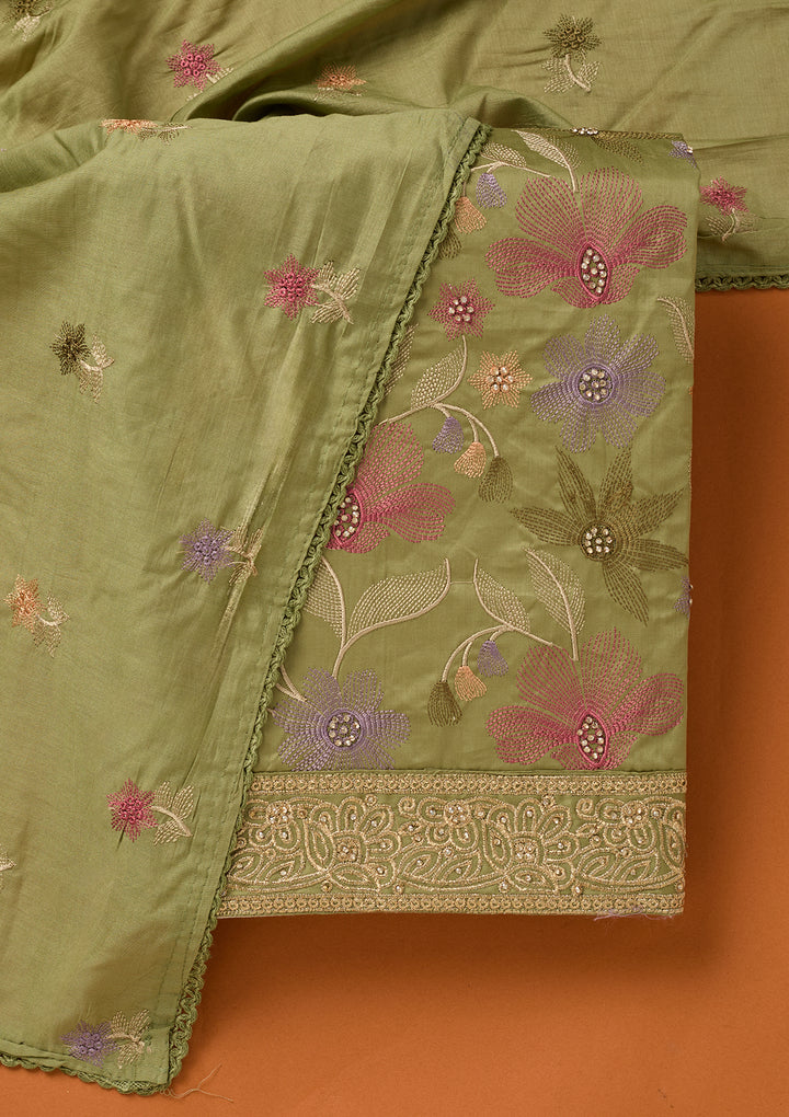 Leaf Green Threadwork Cotton Unstitched Salwar Suit