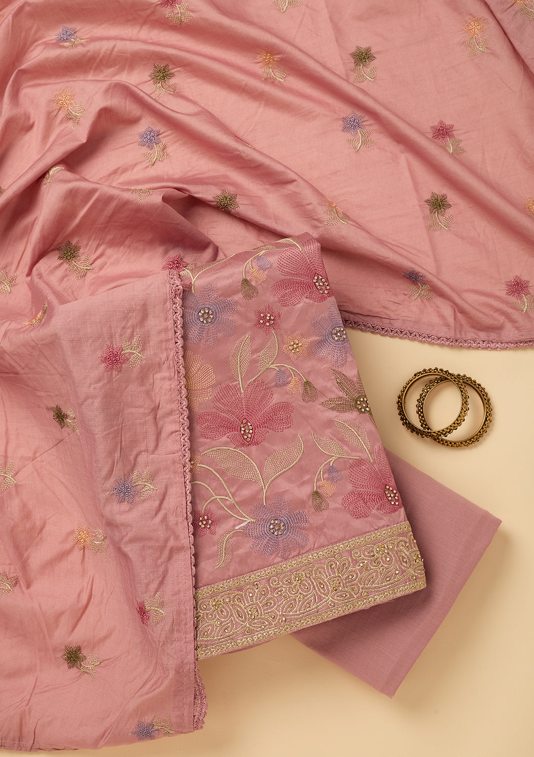 Onion Pink Threadwork Cotton Unstitched Salwar Suit