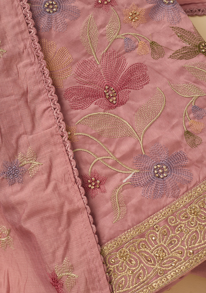 Onion Pink Threadwork Cotton Unstitched Salwar Suit