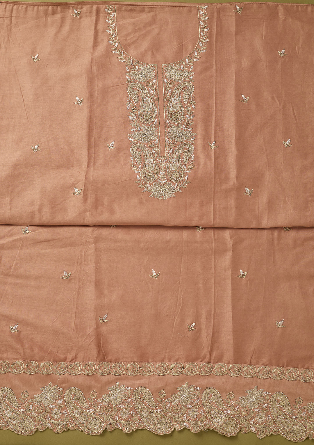 Peach Threadwork Cotton Unstitched Salwar Suit