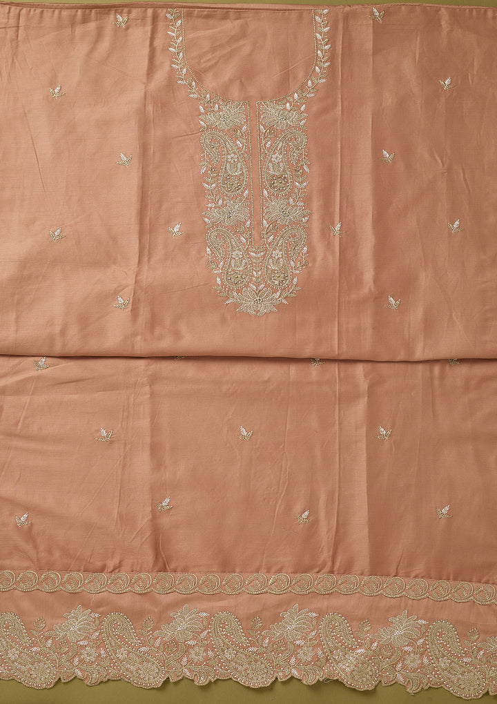 Peach Threadwork Cotton Unstitched Salwar Suit