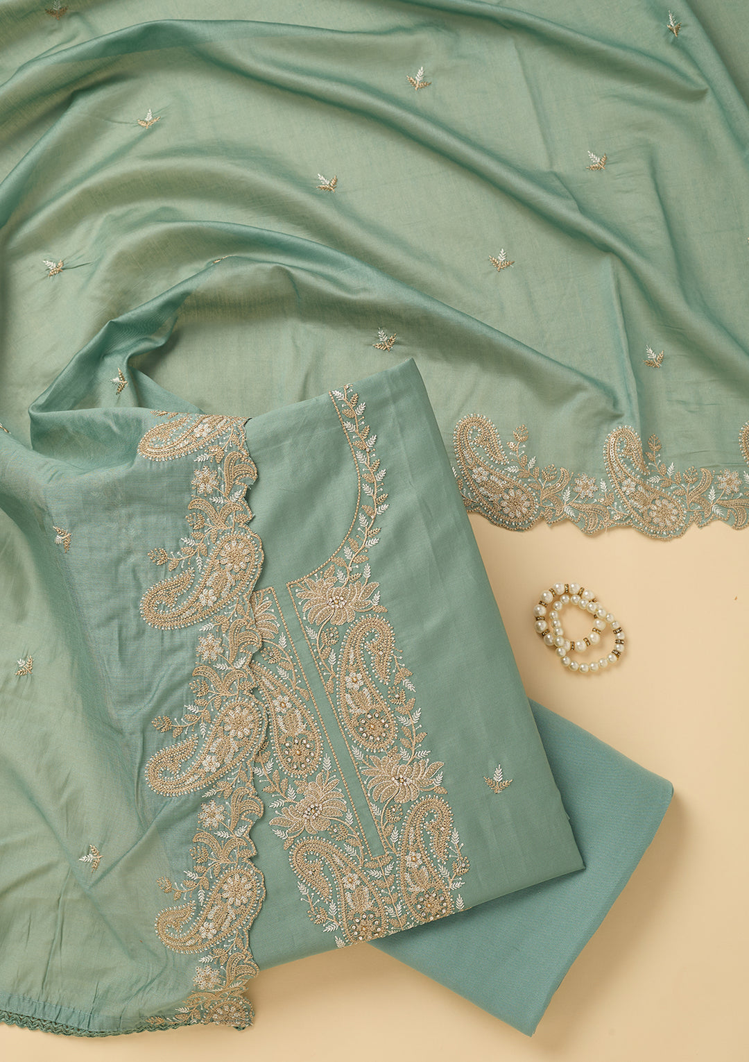 Sea Green Threadwork Cotton Unstitched Salwar Suit