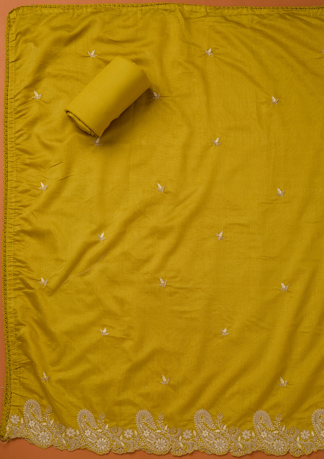 Yellow Threadwork Cotton Unstitched Salwar Suit