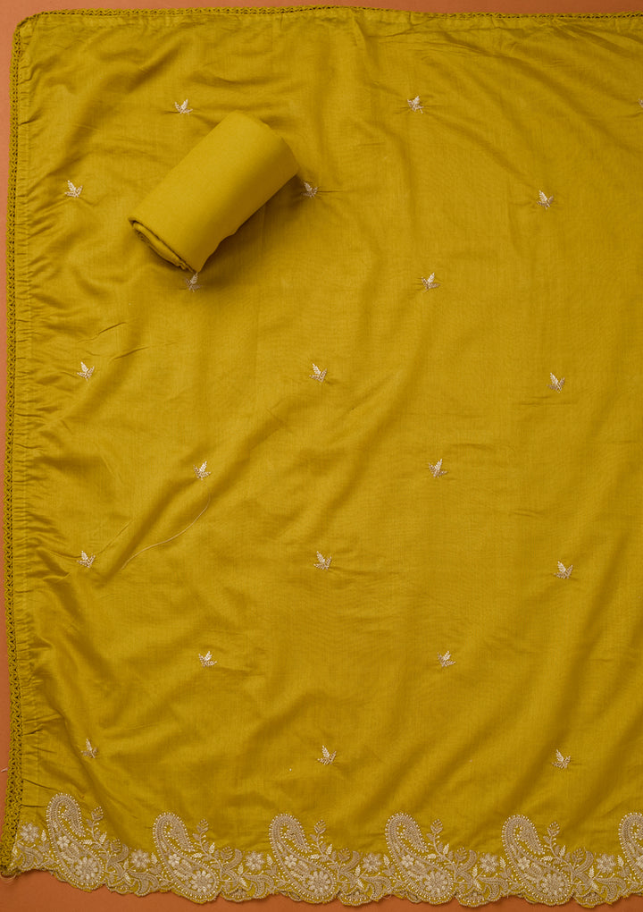 Yellow Threadwork Cotton Unstitched Salwar Suit
