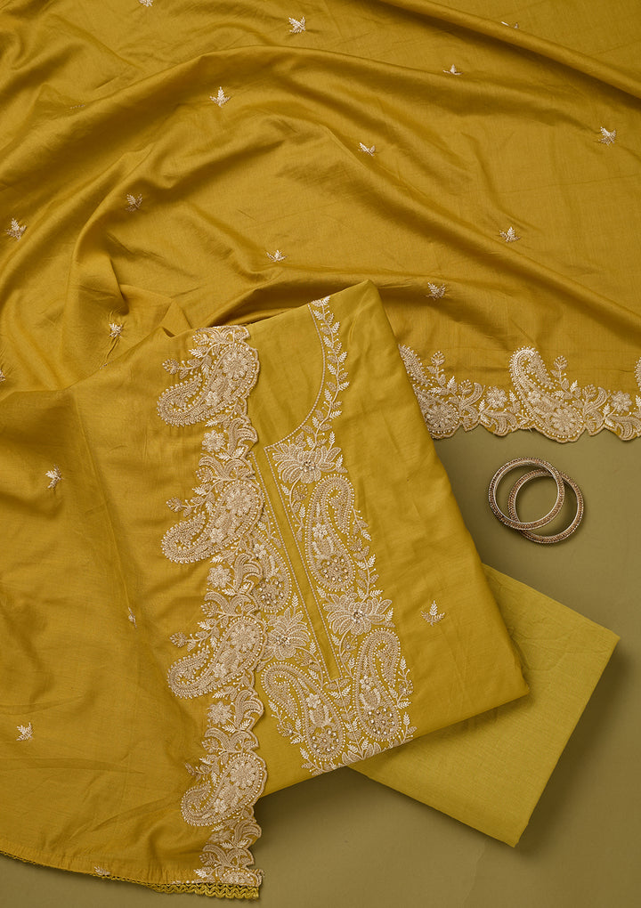 Mehendi Green Threadwork Cotton Unstitched Salwar Suit