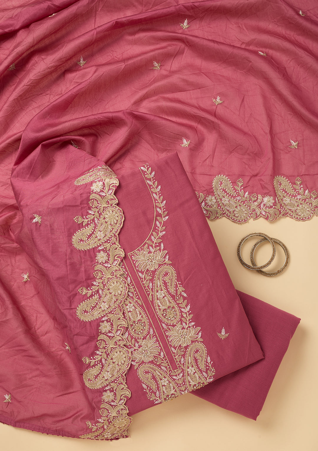 Onion Pink Threadwork Cotton Unstitched Salwar Suit