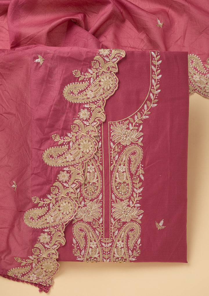 Onion Pink Threadwork Cotton Unstitched Salwar Suit