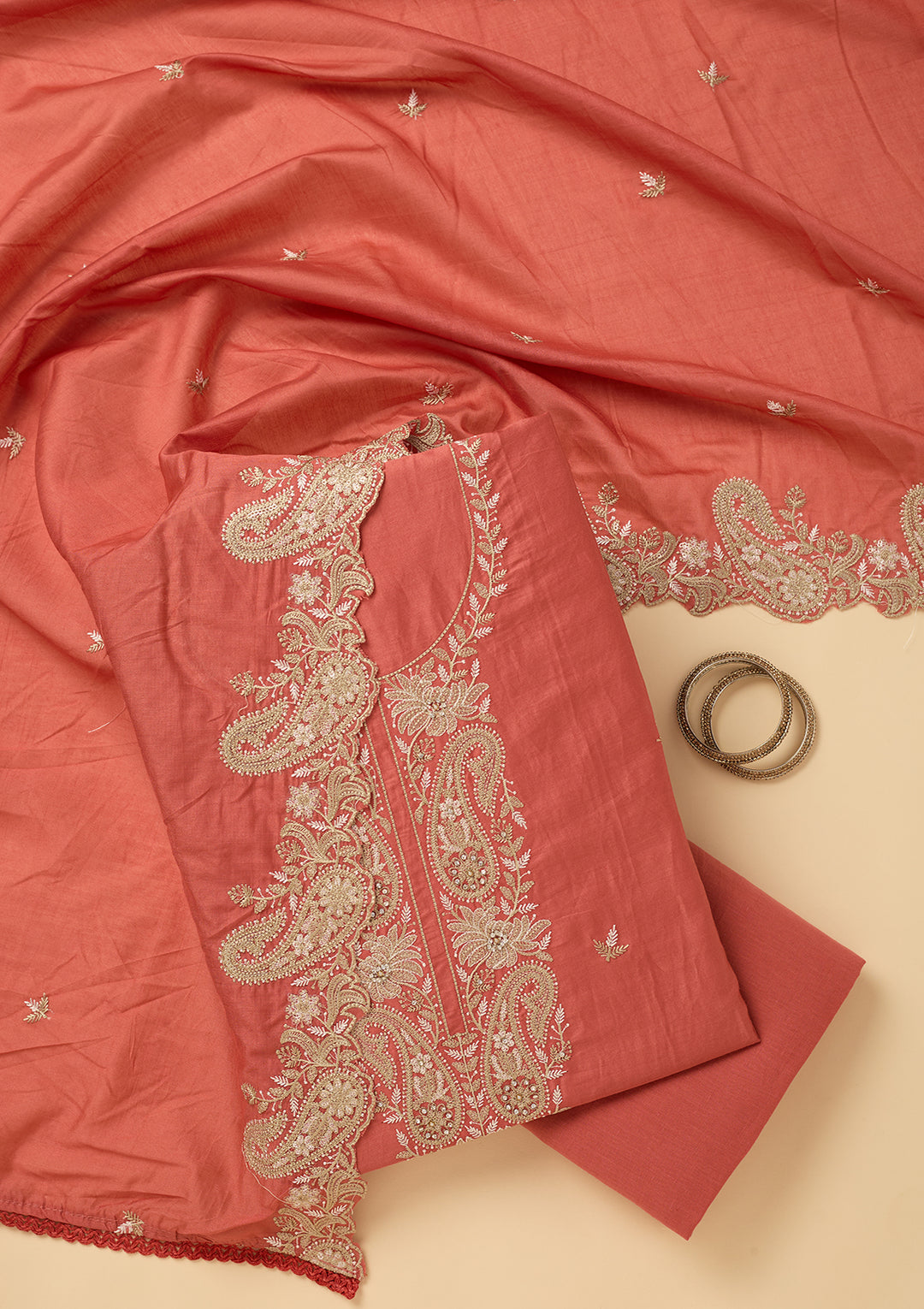 Peach Threadwork Cotton Unstitched Salwar Suit