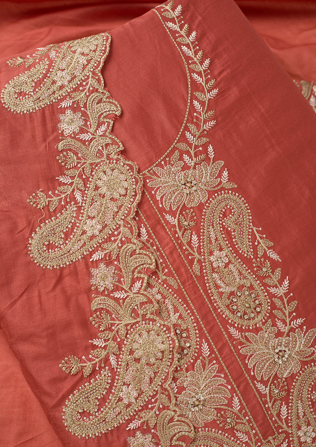 Peach Threadwork Cotton Unstitched Salwar Suit