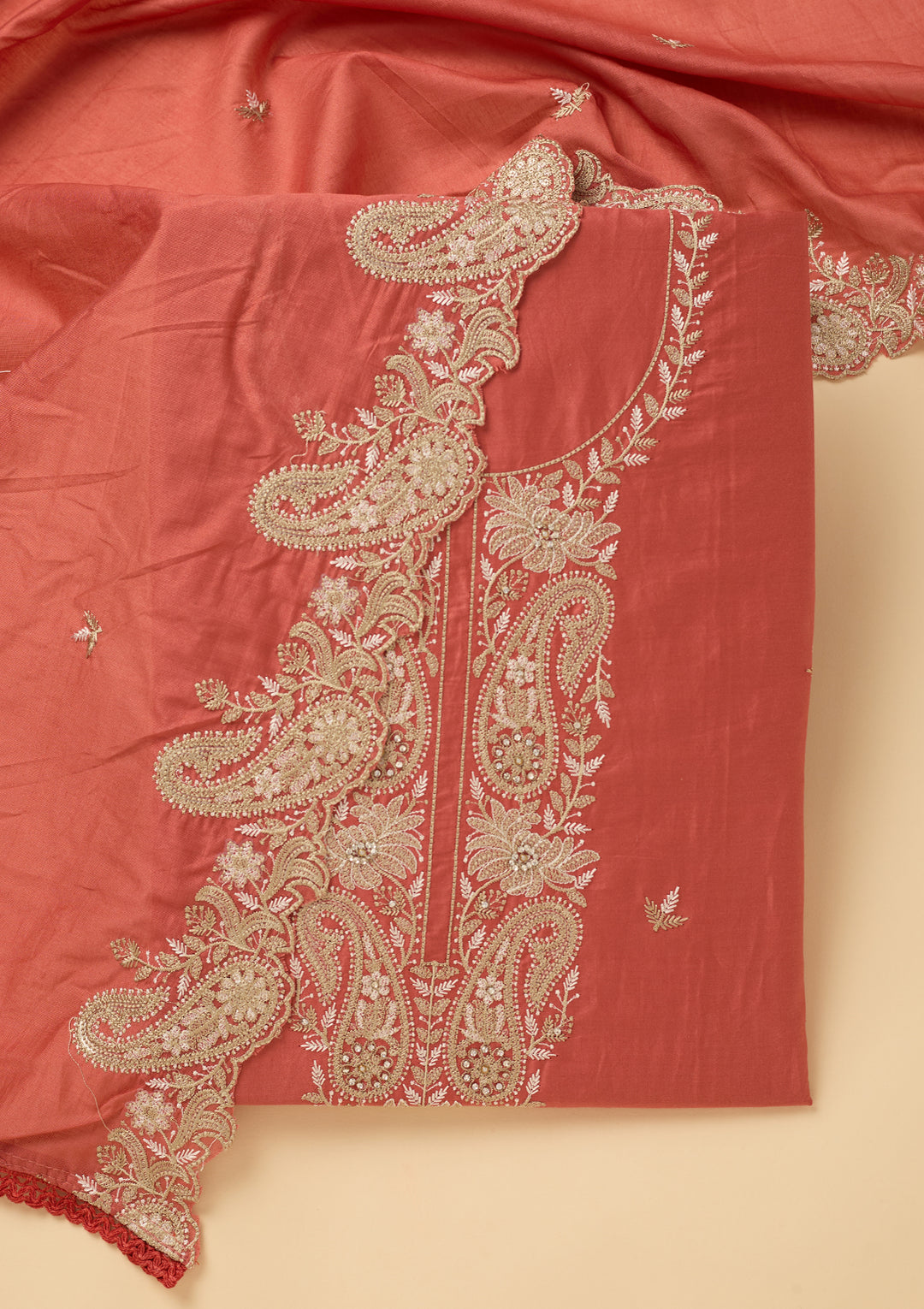 Peach Threadwork Cotton Unstitched Salwar Suit