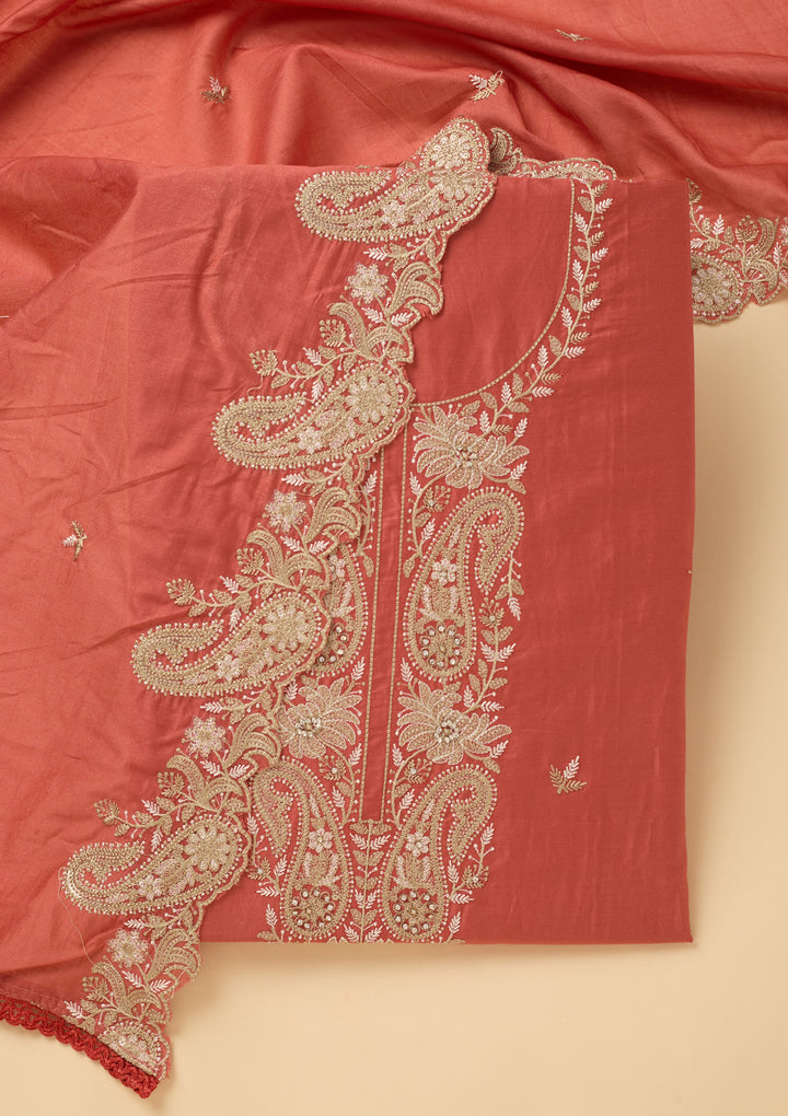 Peach Threadwork Cotton Unstitched Salwar Suit