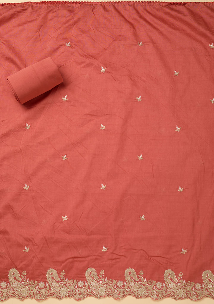 Peach Threadwork Cotton Unstitched Salwar Suit