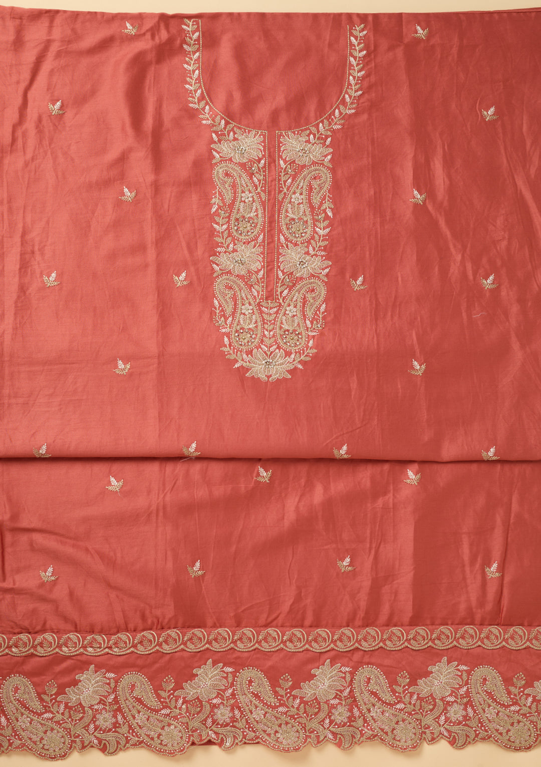 Peach Threadwork Cotton Unstitched Salwar Suit