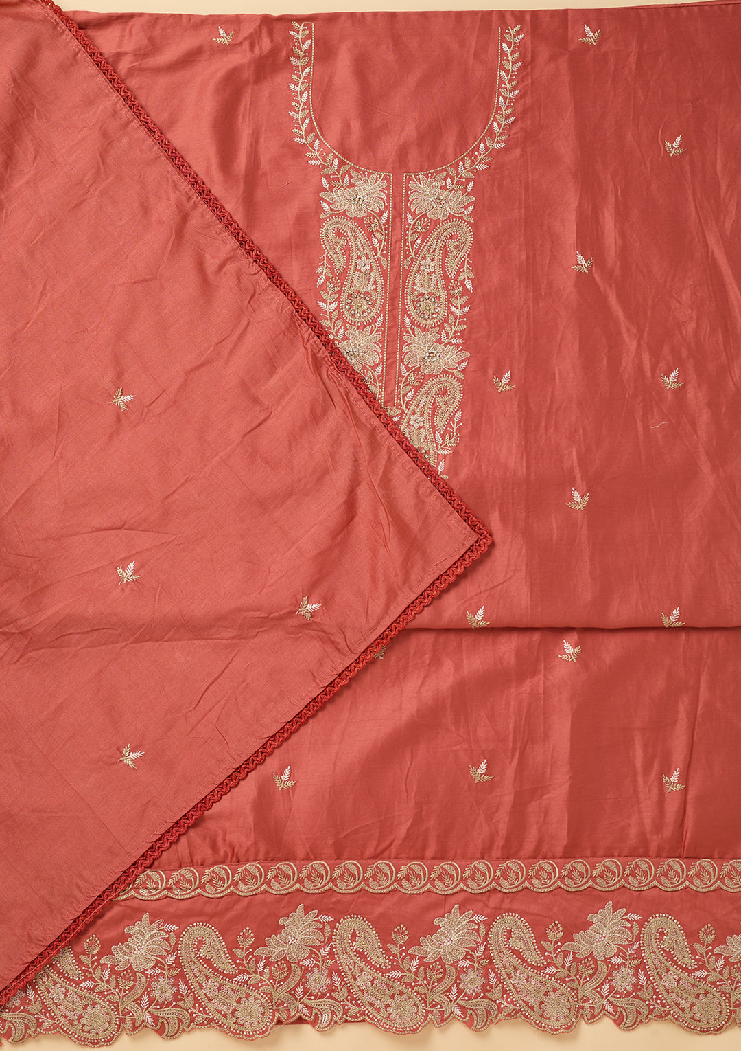 Peach Threadwork Cotton Unstitched Salwar Suit