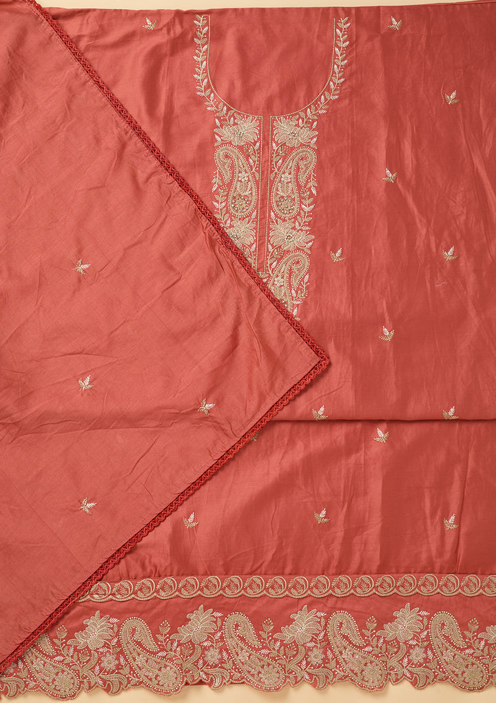 Peach Threadwork Cotton Unstitched Salwar Suit