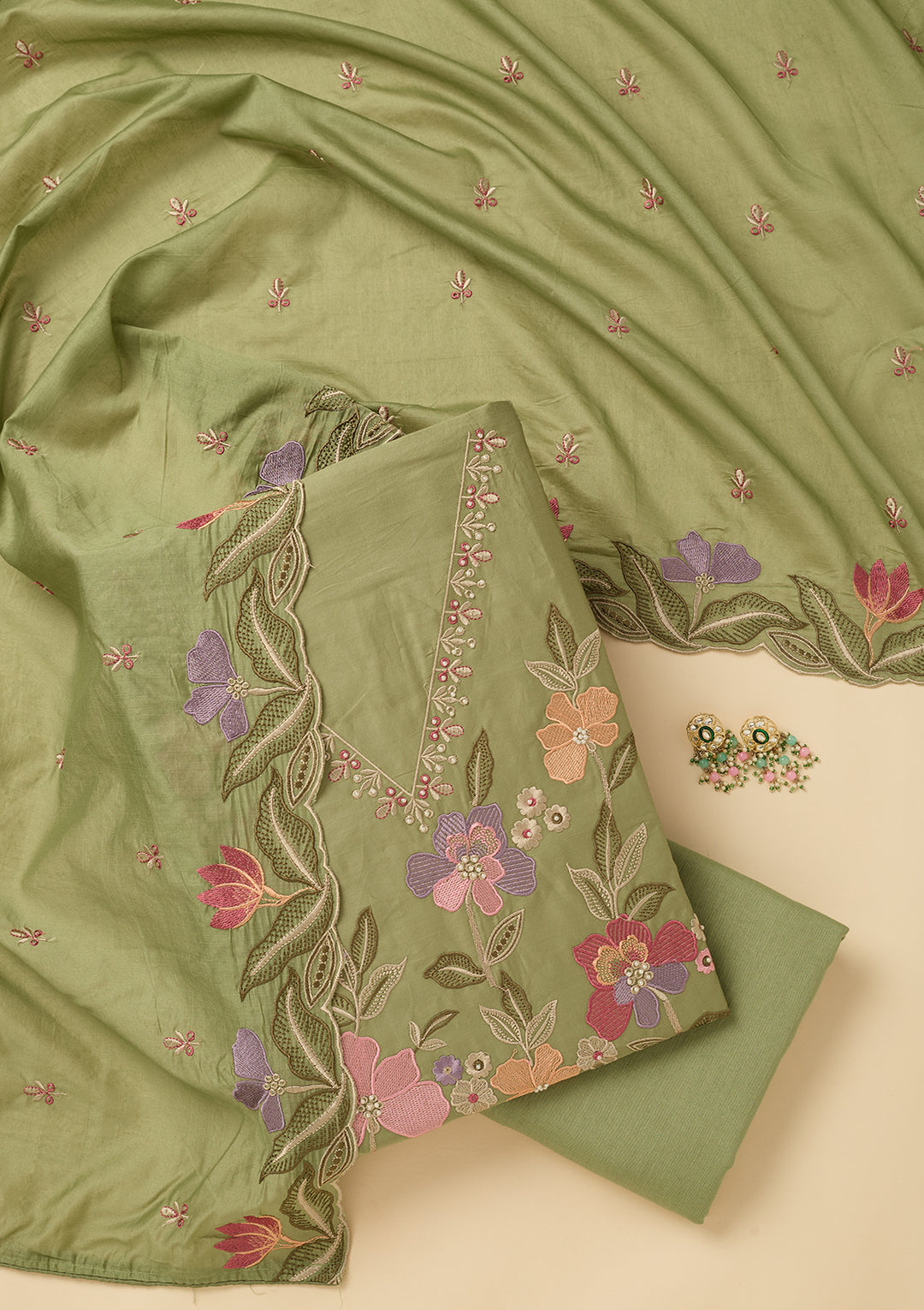 Leaf Green Threadwork Cotton Unstitched Salwar Suit