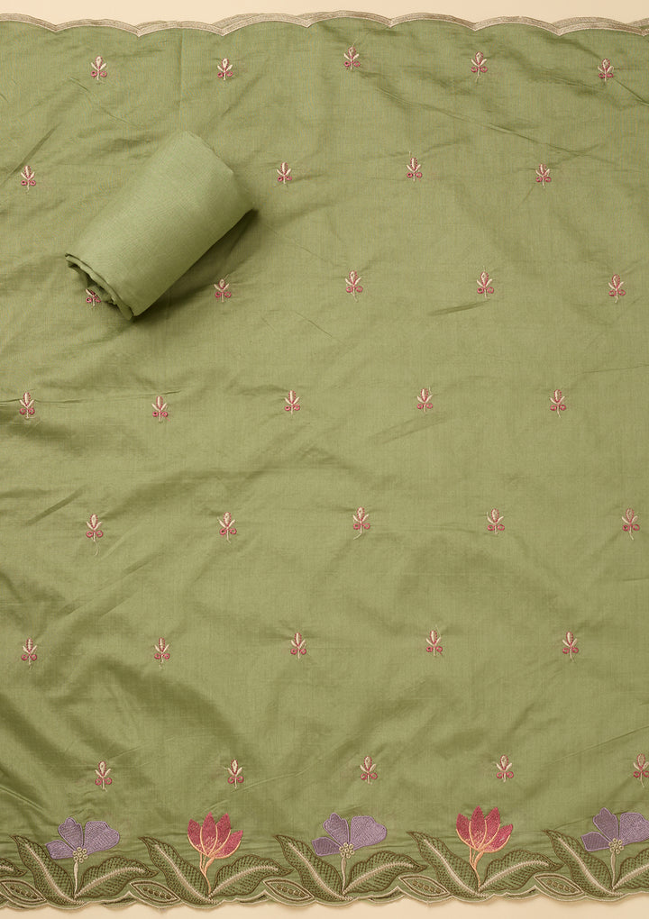 Leaf Green Threadwork Cotton Unstitched Salwar Suit