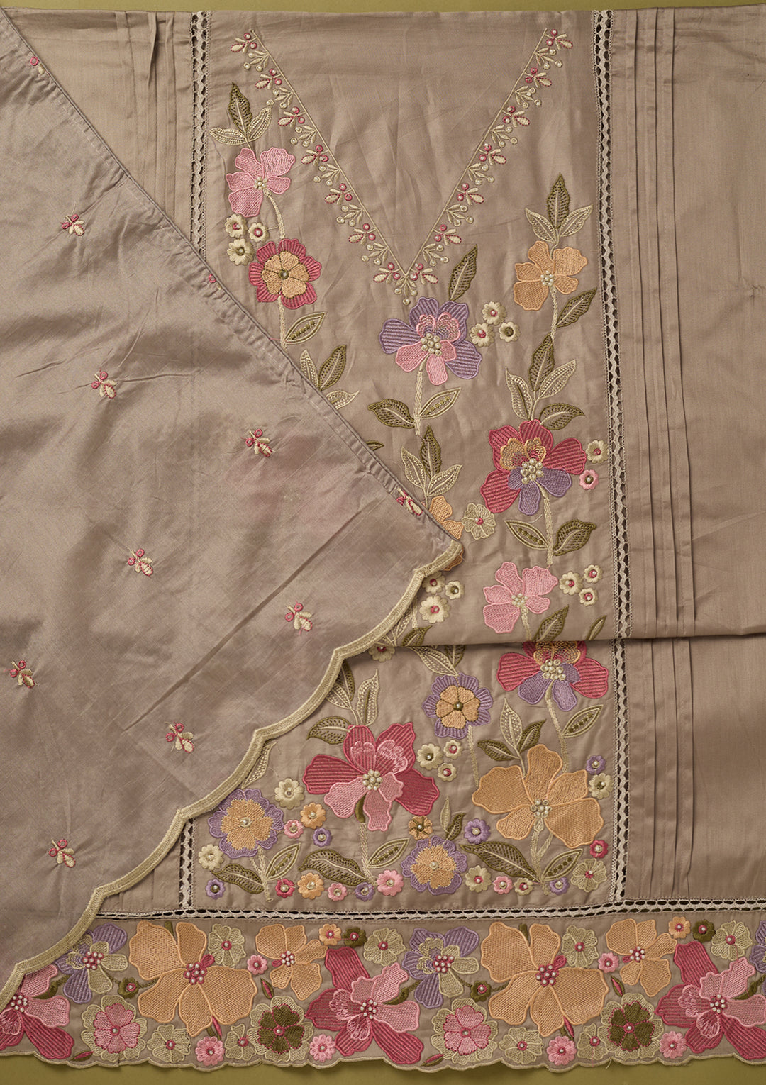 Light Grey Threadwork Cotton Unstitched Salwar Suit