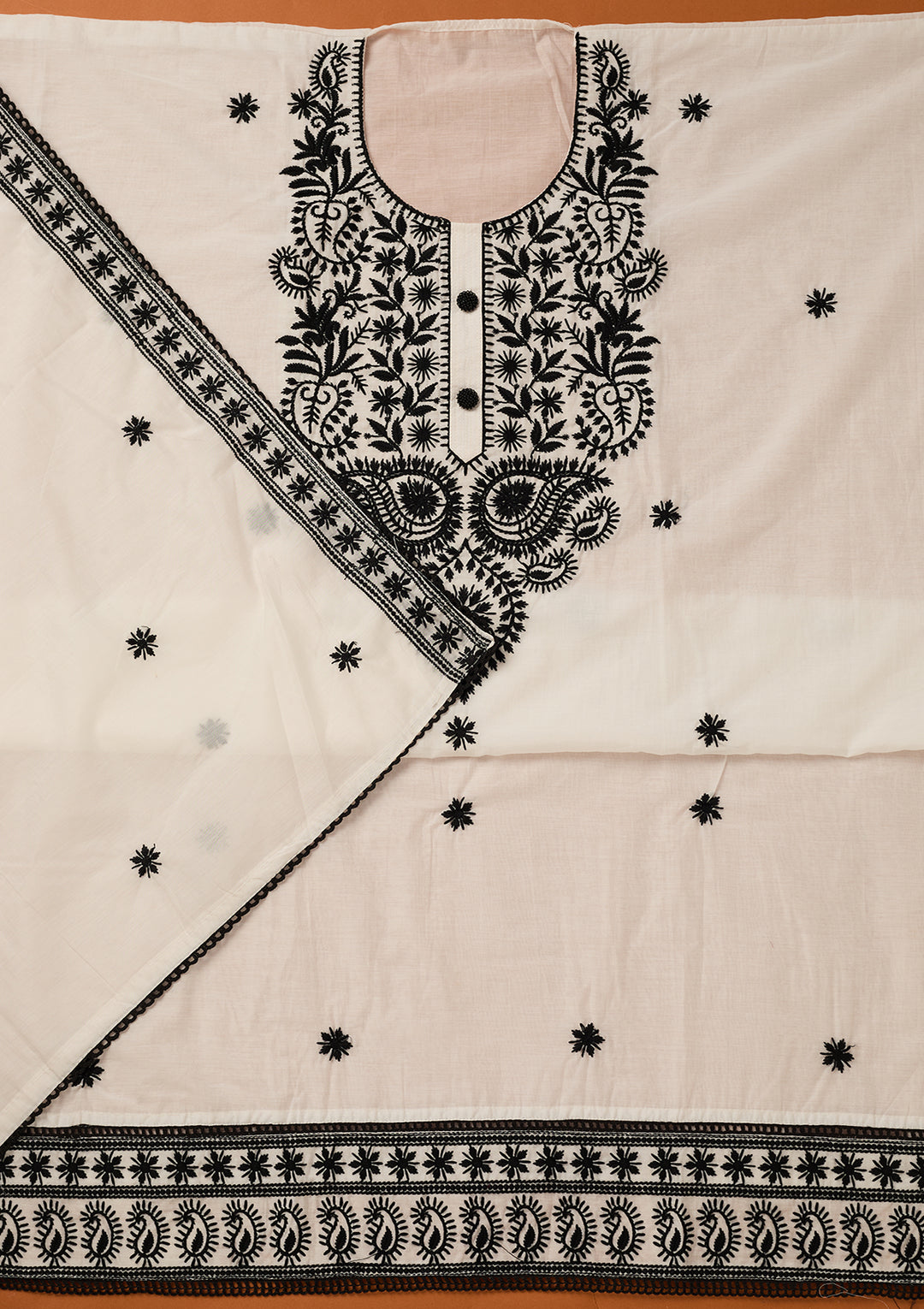 White Threadwork Cotton Unstitched Salwar Suit