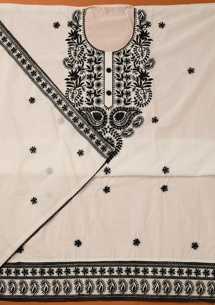 White Threadwork Cotton Unstitched Salwar Suit