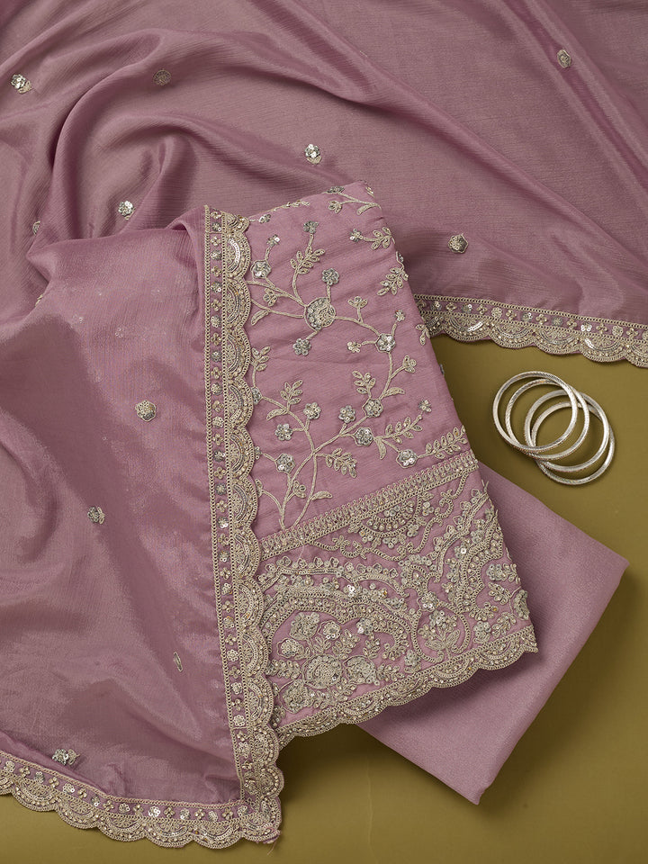Light Lavender Chinon Cording Unstitched Dress Material With Matching Bottom And Dupatta