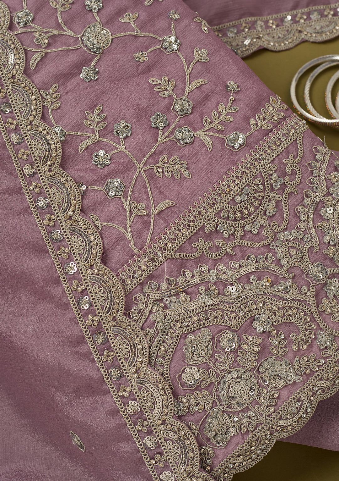 Light Lavender Chinon Cording Unstitched Dress Material With Matching Bottom And Dupatta