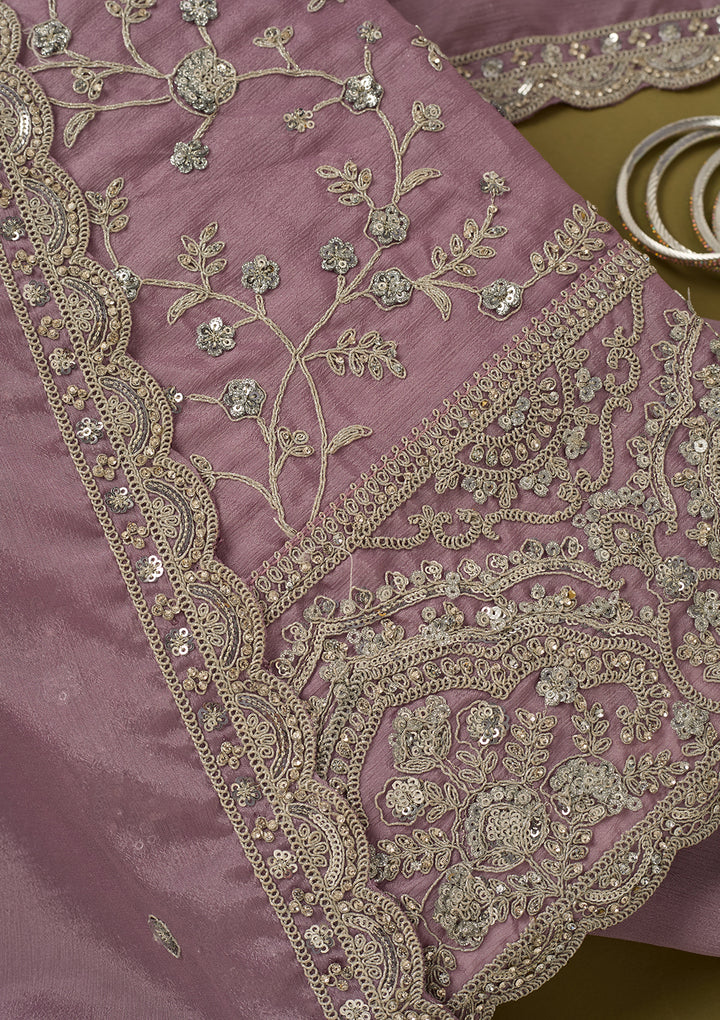 Light Lavender Chinon Cording Unstitched Dress Material With Matching Bottom And Dupatta