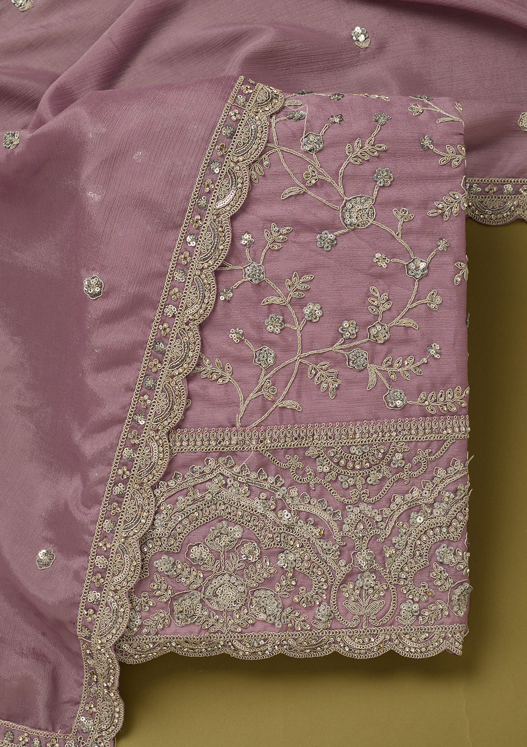Light Lavender Chinon Cording Unstitched Dress Material With Matching Bottom And Dupatta