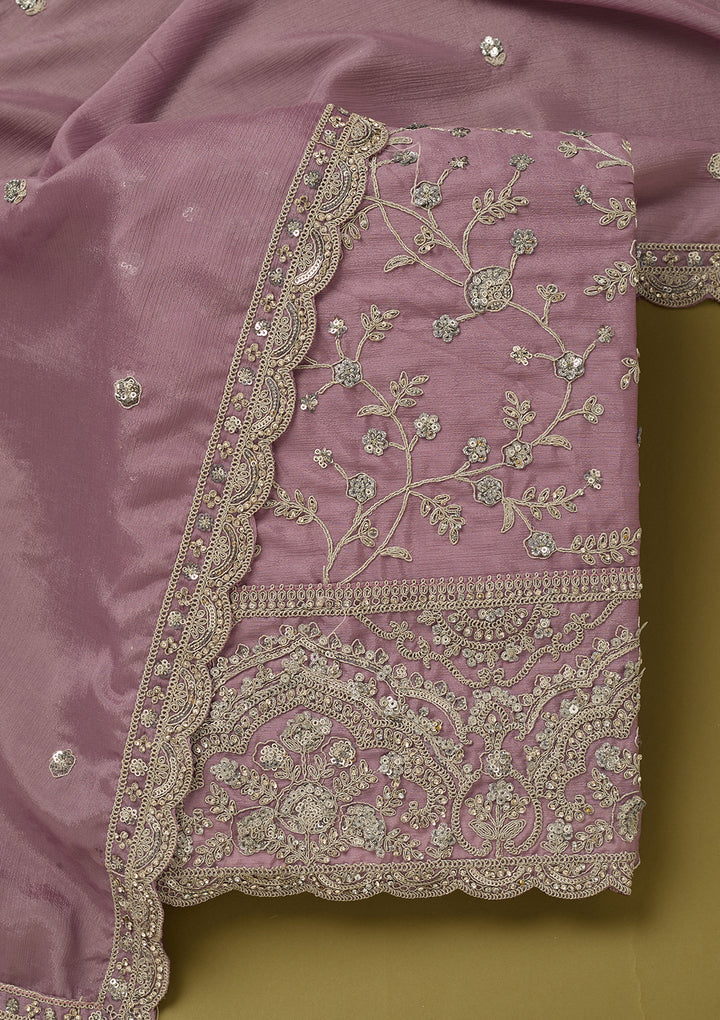 Light Lavender Chinon Cording Unstitched Dress Material With Matching Bottom And Dupatta