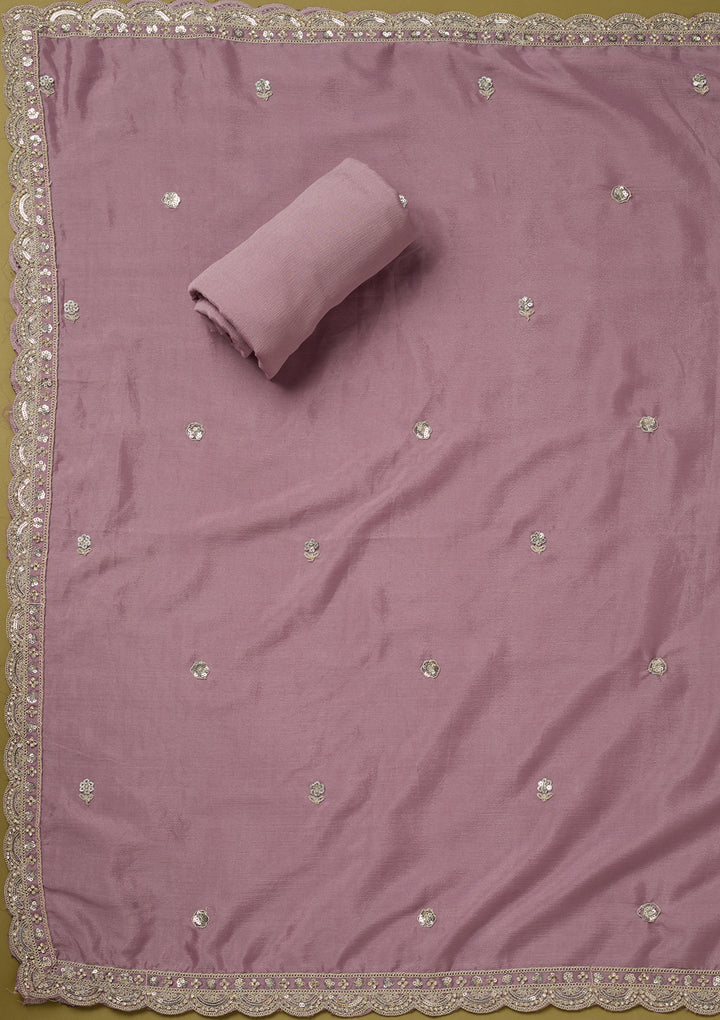 Light Lavender Chinon Cording Unstitched Dress Material With Matching Bottom And Dupatta
