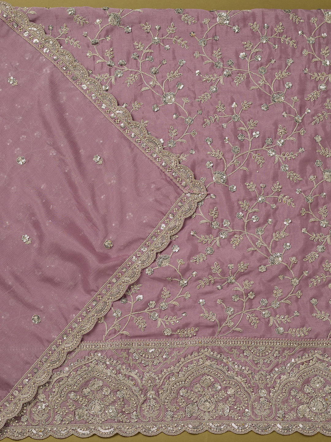Light Lavender Chinon Cording Unstitched Dress Material With Matching Bottom And Dupatta