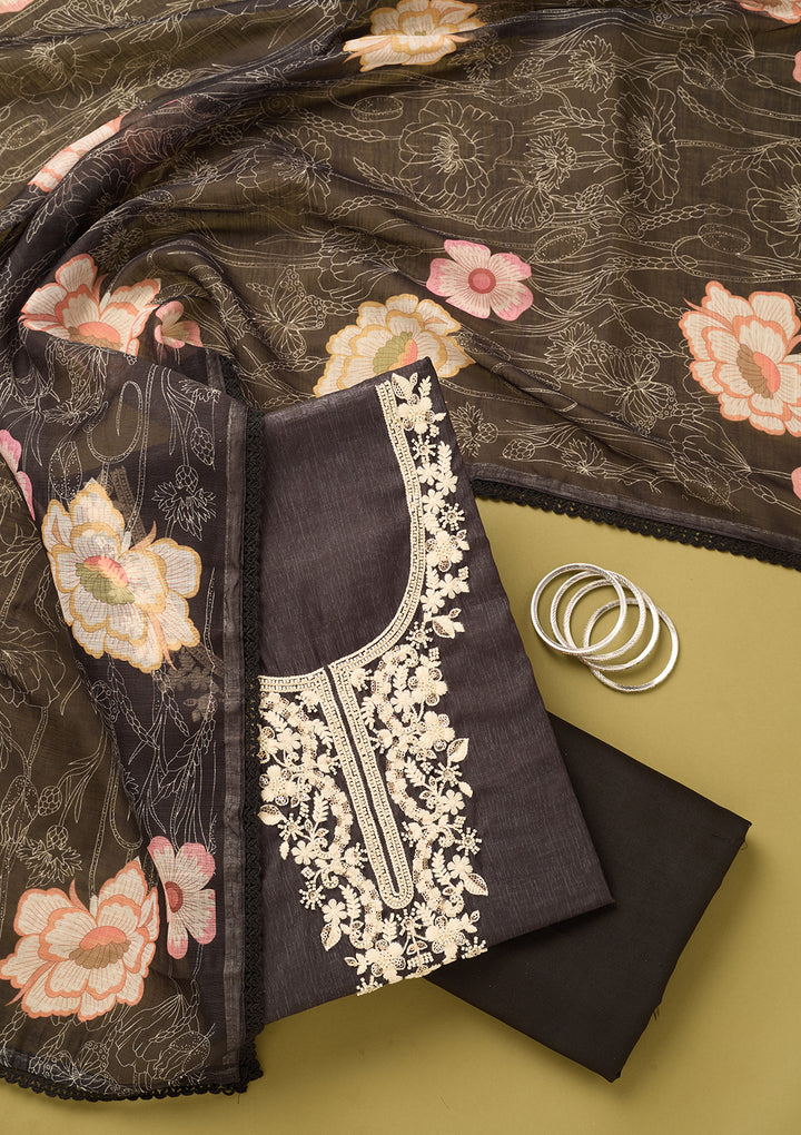 Black Linen Floral Threadwork Unstitched Dress Material With Matching Bottom And Dupatta