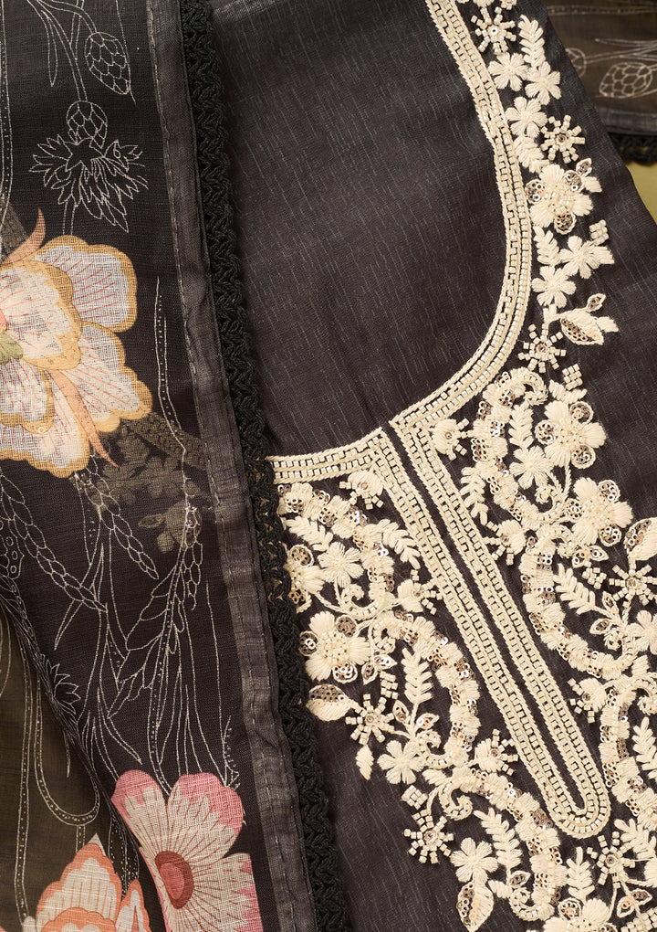 Black Linen Floral Threadwork Unstitched Dress Material With Matching Bottom And Dupatta