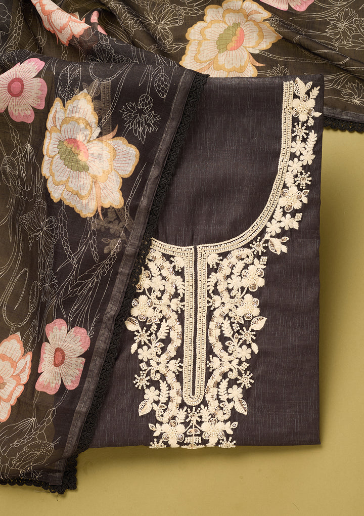 Black Linen Floral Threadwork Unstitched Dress Material With Matching Bottom And Dupatta