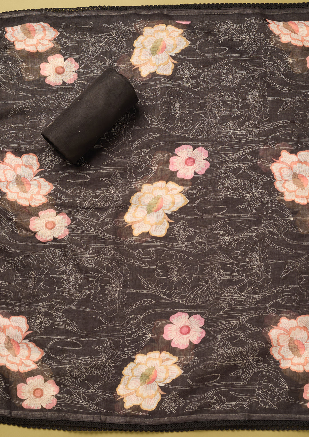 Black Linen Floral Threadwork Unstitched Dress Material With Matching Bottom And Dupatta