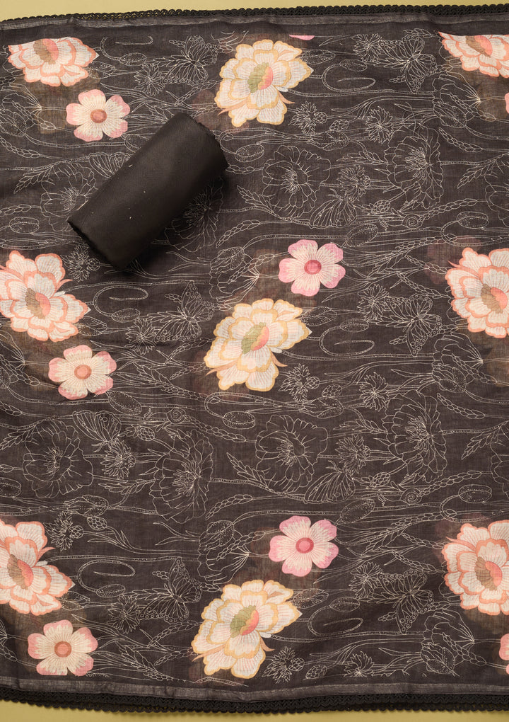 Black Linen Floral Threadwork Unstitched Dress Material With Matching Bottom And Dupatta