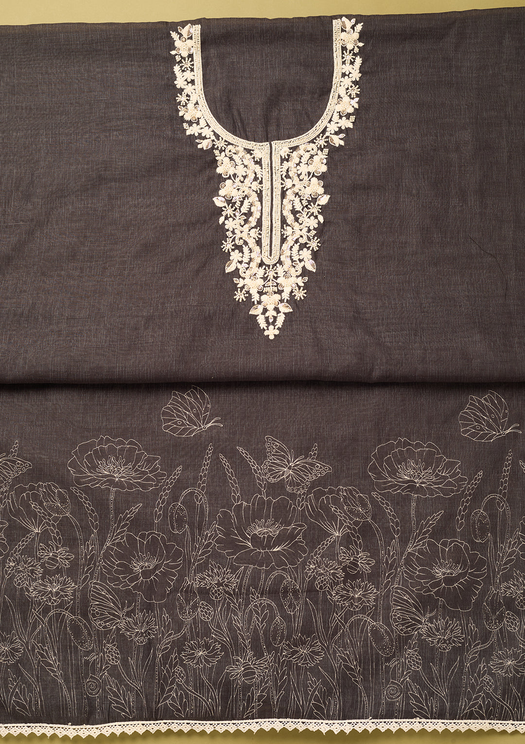 Black Linen Floral Threadwork Unstitched Dress Material With Matching Bottom And Dupatta