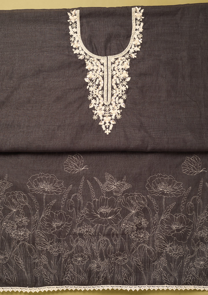 Black Linen Floral Threadwork Unstitched Dress Material With Matching Bottom And Dupatta