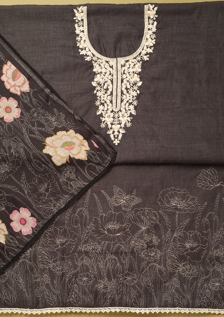Black Linen Floral Threadwork Unstitched Dress Material With Matching Bottom And Dupatta