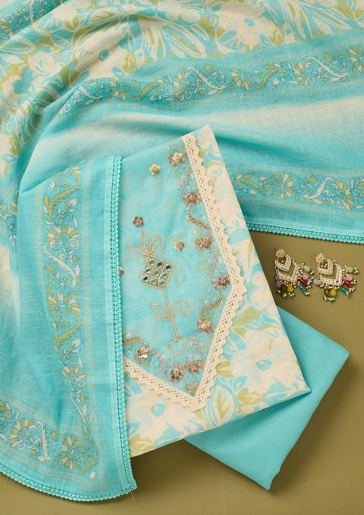 Blue Cotton Threadwork Unstitched Dress Material With Matching Bottom And Dupatta
