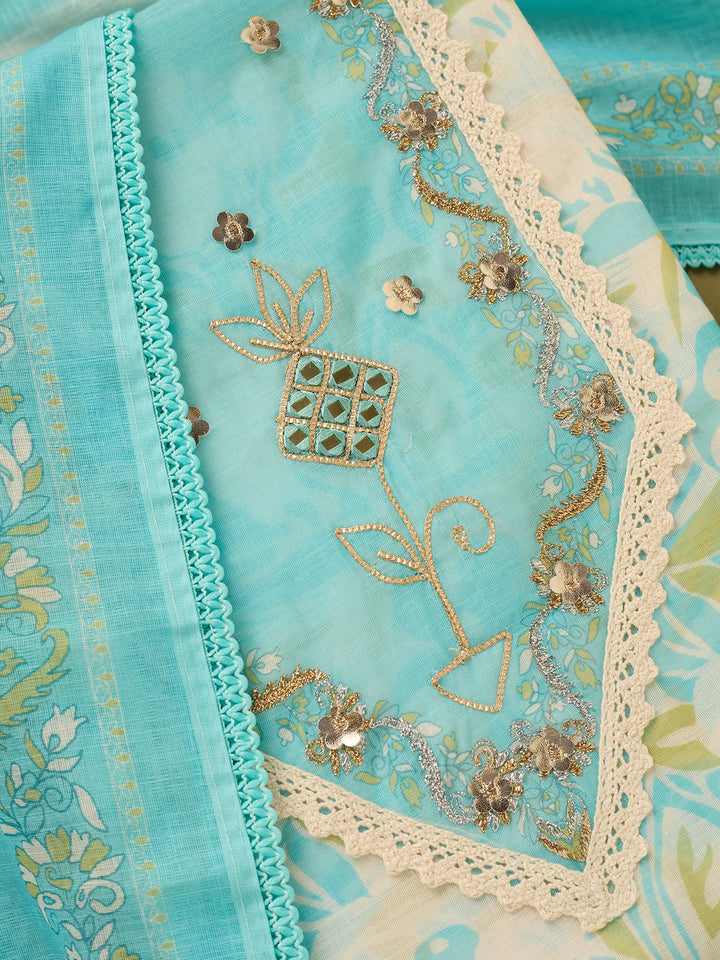 Blue Cotton Threadwork Unstitched Dress Material With Matching Bottom And Dupatta